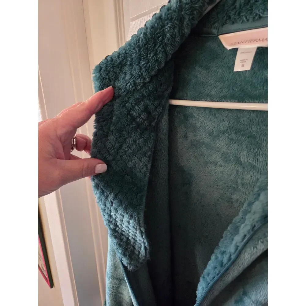 Stan Herman Medium Green Silky Shag Plush Tall Length Zip-Up Robe - Picture 7 of 7